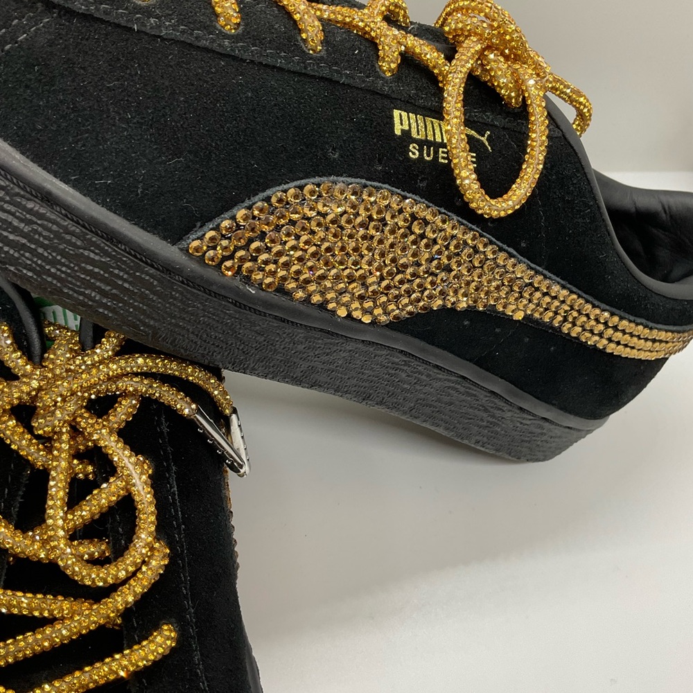 PUMA SUEDE CLASSIC Sneakers Womans 8 W/GOLD Swavorski Stones & Laces! BLK/BLK - Picture 6 of 12